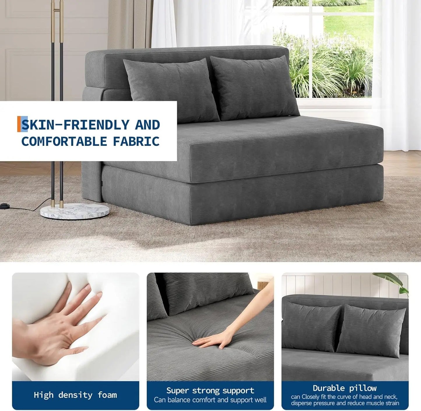 Convertible Folding Sofa Bed Sleeper Chair Bed with Pillow Portable Lazy Floor Sofa Lounger 2 in 1 Pull Out Loveseat Sofa