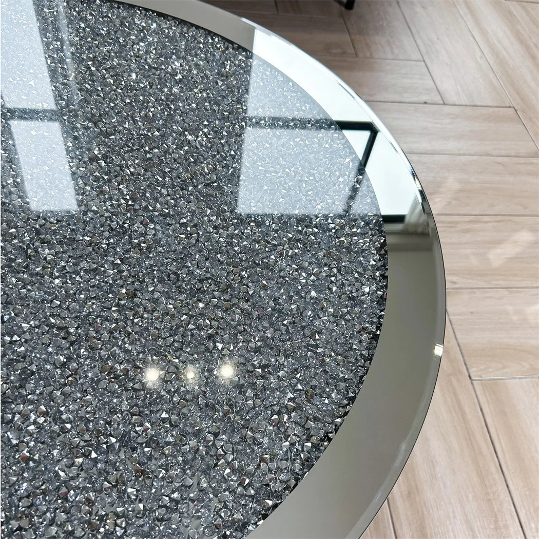 Silver Round Mirrored Coffee Table Elegant Accent Side Table with Glass Tabletop for Living Room Bedroom