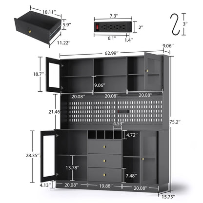 Pantry Cabinet, Kitchen Storage Cabinet, Freestanding Buffet Hutch with Pegboard, Cup Holder, Power Outlet, Black