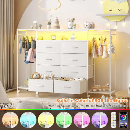 Dresser for Bedroom with Hanging Rack, 8 Drawer Dresser with LED Lights & Charging Station, Fabric Dressers Customized