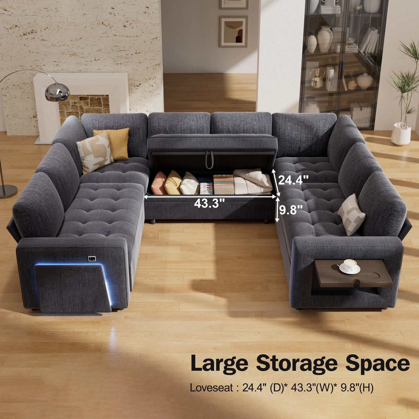 Large U-Shaped Modular Sectional (8-Seat) - Pull Out Bed Sleeper, Reclining Backrest, USB Ports, LED Light, Storage Seat