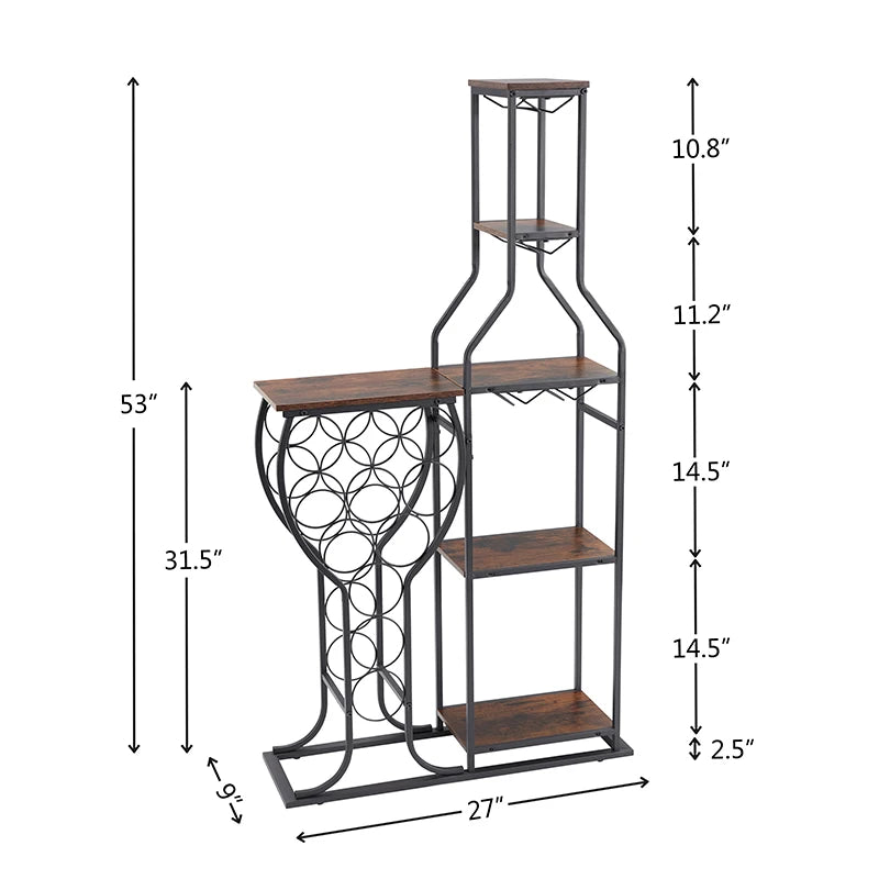 11 Bottle Wine Bakers Rack,5 Tier Freestanding Wine Rack with Hanging Wine Glass Holder and Storage Shelves,Wine Storage Home