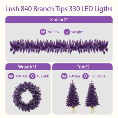 Pre-lit Christmas 4-Piece Set: Garland, Wreath, 2 Entrance Trees with LED Lights, Purple PVC. Ideal Festival Celebration Set.