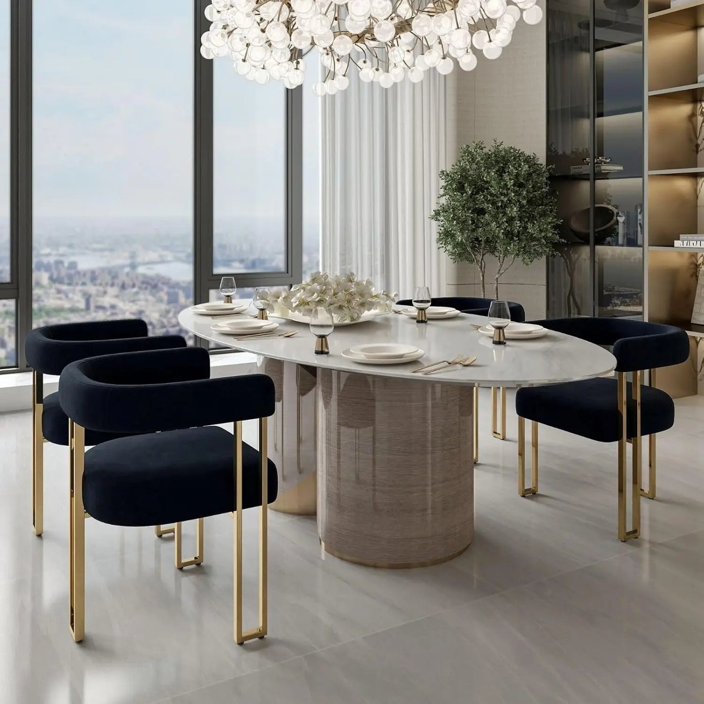 Black and Gold Modern Dining Chairs, Velvet Upholstered Barrel Armchairs with Metal Legs