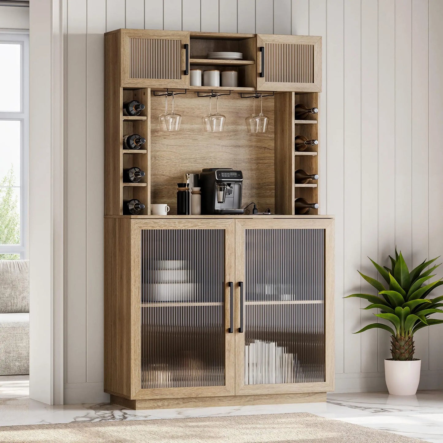 Coffee Wine Bar Cabinet with Power Outlet, 72" Rustic Liquor Cabinet, with Storage Kitchen Pantry Cupboard,Fluted Buffet Cabinet