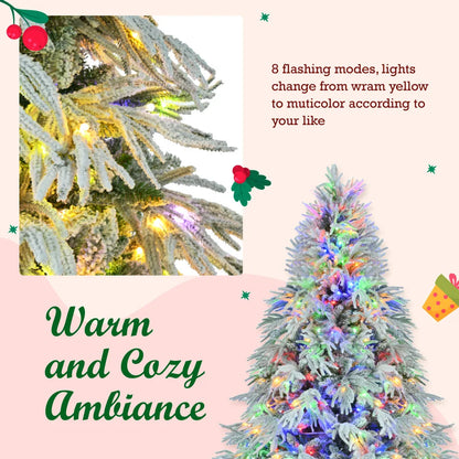 7.5FT Pre-Lit Snow Flocked Spruce Christmas Tree, 350 Multi-Color LED Lights, 8 Modes, 1389 Snow Tips, Hinged.
