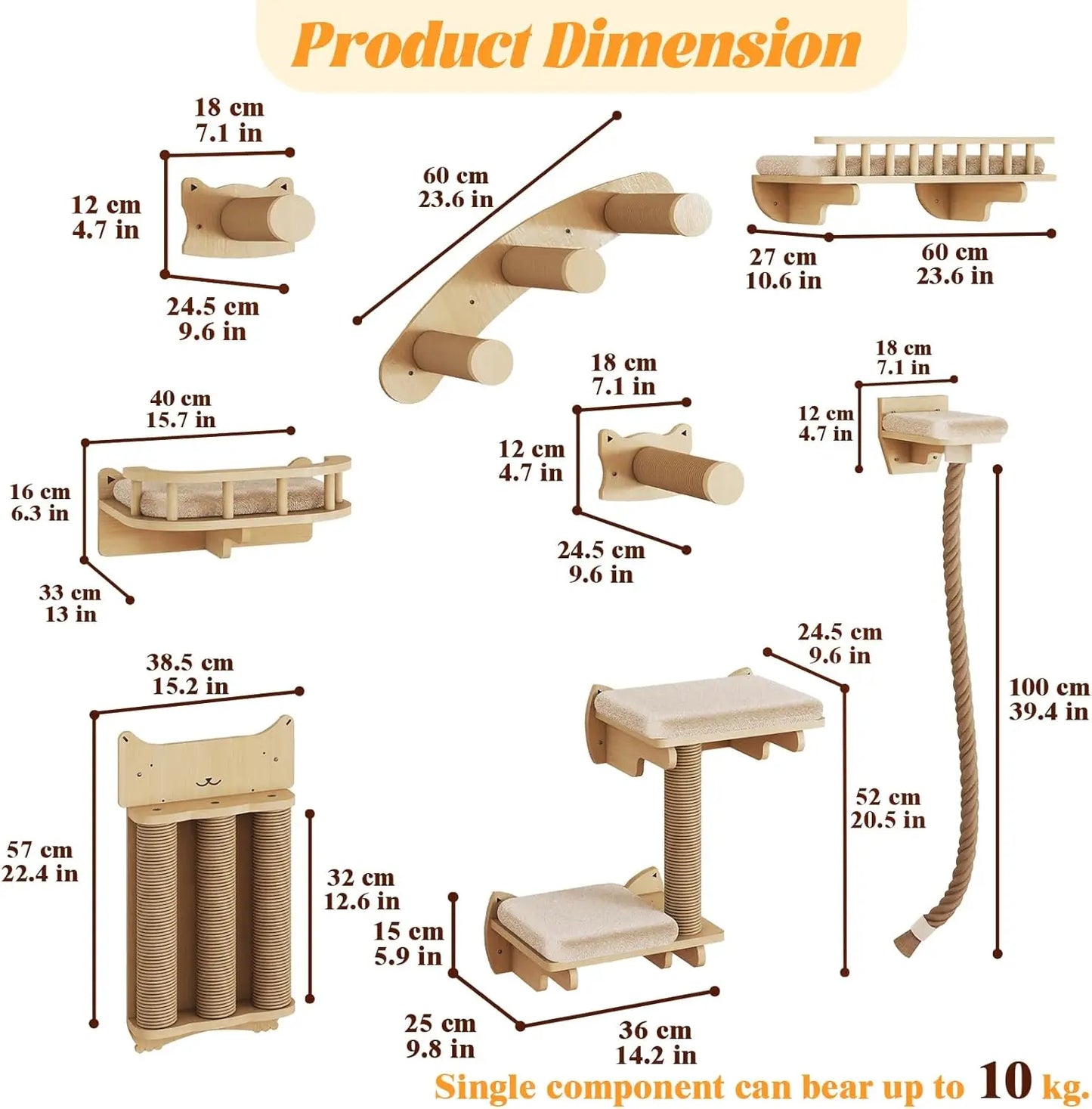 Cat ClimWall Set Made of Natural Wood, 8 Pcs Sturdy Furniture with Scratching Posts, Kitten Platform, 100CM Sisal Rope