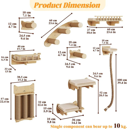 Cat ClimWall Set Made of Natural Wood, 8 Pcs Sturdy Furniture with Scratching Posts, Kitten Platform, 100CM Sisal Rope