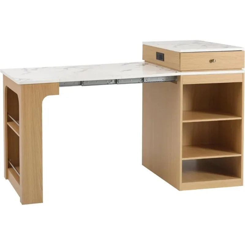 Kitchen Island Extendable Dining Table w/ Charging Station, Dual Storage, Mobile Prep Station, Natural