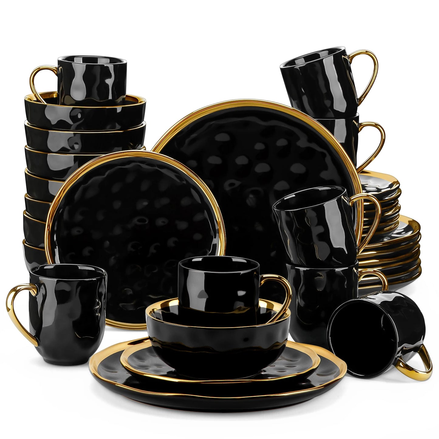 Black Porcelain Dinnerware Set with Gold Trim Dessert Plate, Dinner Plate, Cup, Bowl Tableware Set