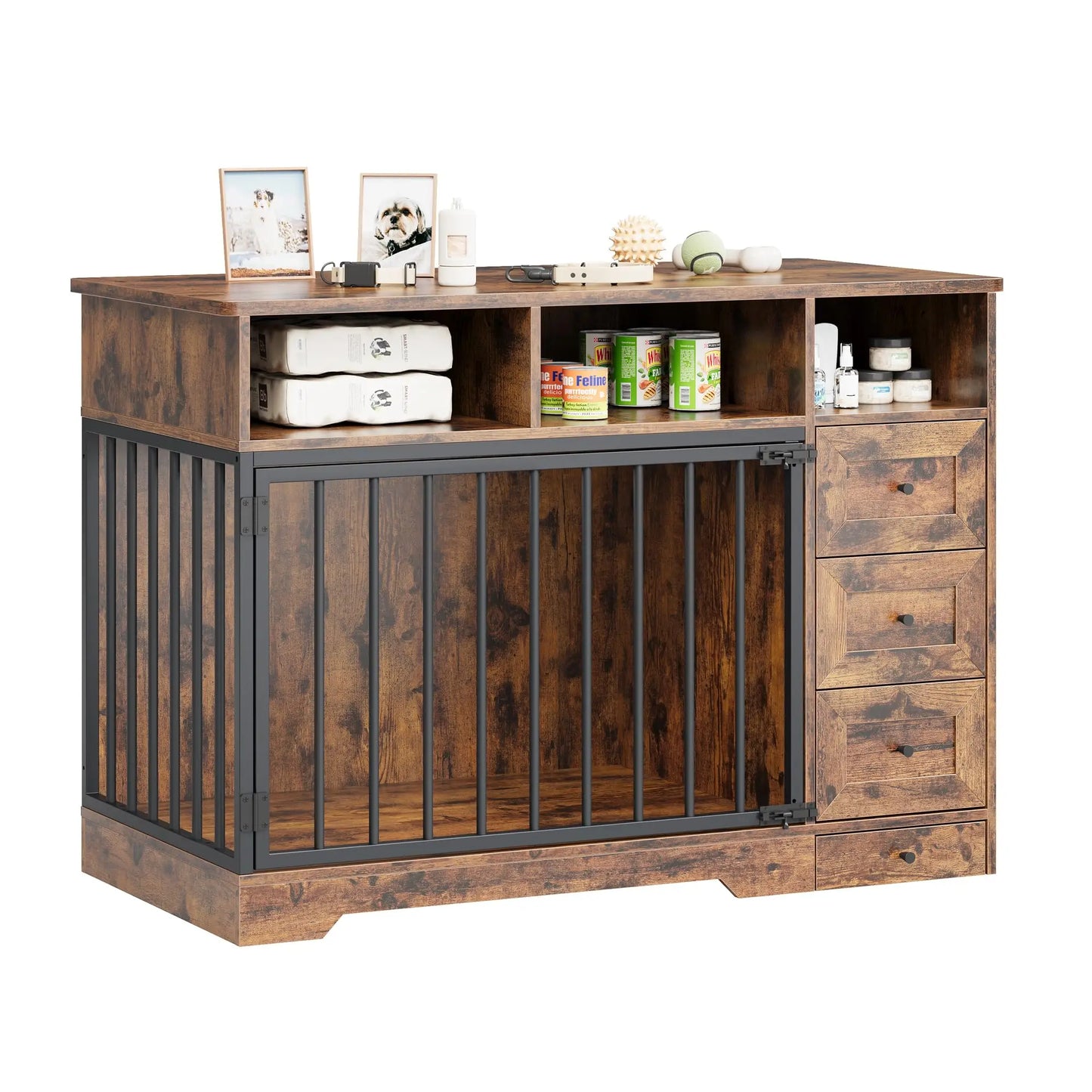 Farmhouse Wooden Dog Crate Furniture With 6 Storage Drawers Feeding Station Heavy Duty Dog Kennel End Table