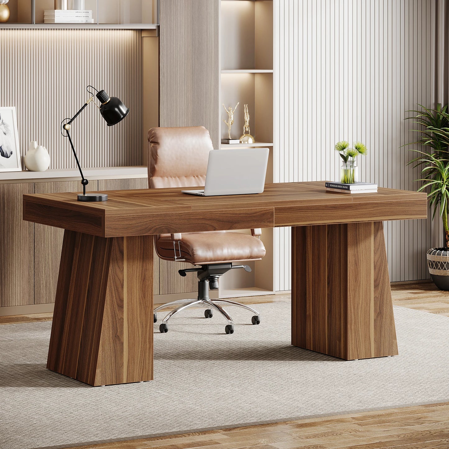 Executive Desk, Large Wood Office Computer Desk with Double Pedestal, Modern Minimalist Workstations