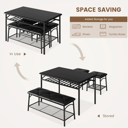 Dining Table Set for 4, Kitchen Table Set with Upholstered Bench and Square Stools, Metal and Wood Dining Room Table Set