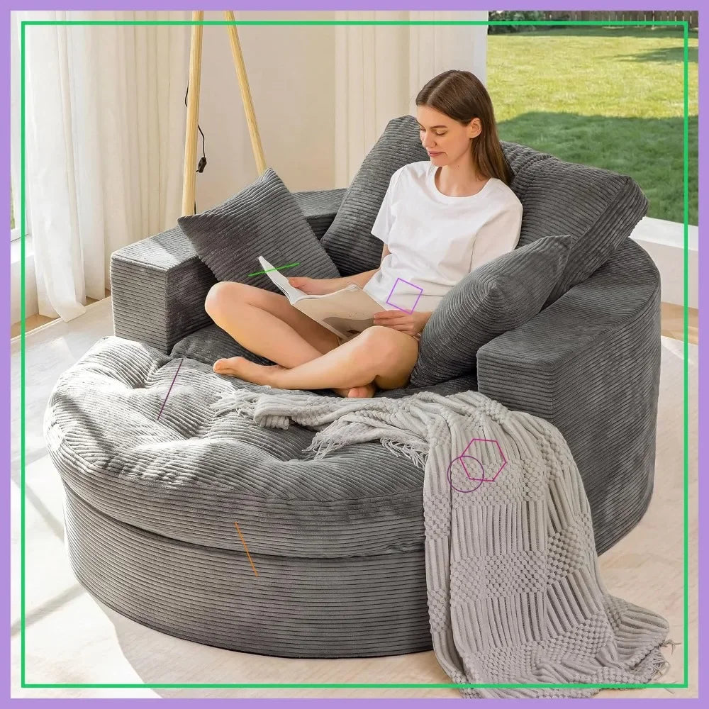 Oversized Round Chaise Lounge Sofa with Ottoman, Deep Seat Sleeper Chair, Boneless Couch for Living Room, Dark Grey