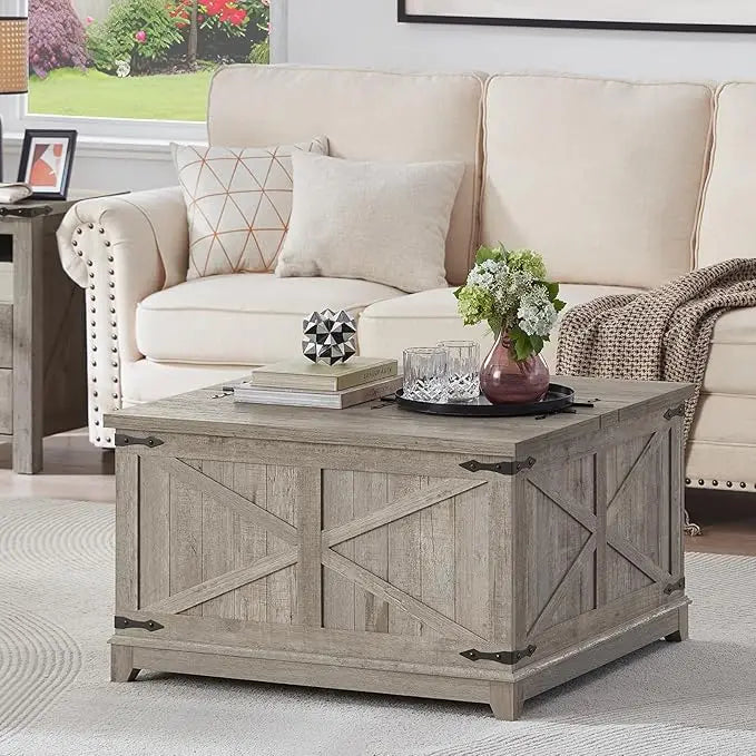 Farmhouse Coffee Table with Hidden Storage Space, Wood Square Large Center Table for Living Room, Farm House Rustic Brown