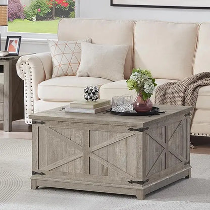 Farmhouse Coffee Table with Hidden Storage Space, Wood Square Large Center Table for Living Room, Farm House Rustic Brown