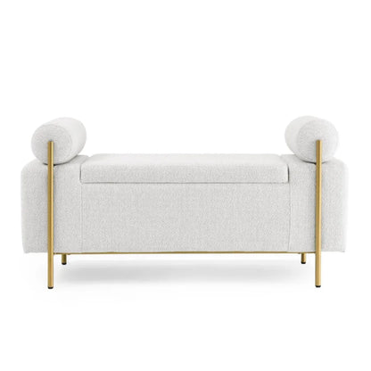 Elegant Upholstered Linen Storage Bench with Cylindrical Arms and Iron Legs for Hallway Living Room Bedroom White