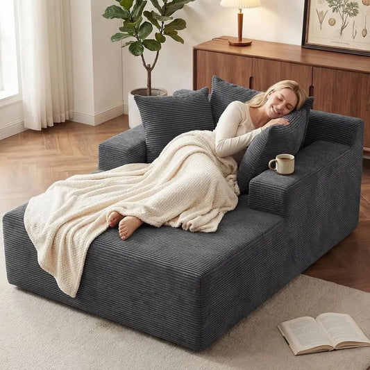 Oversized Chaise Lounge Chair with 3 Pillows, Corduroy Cloud Reading Chair, Deep Seat Sleeper Couch