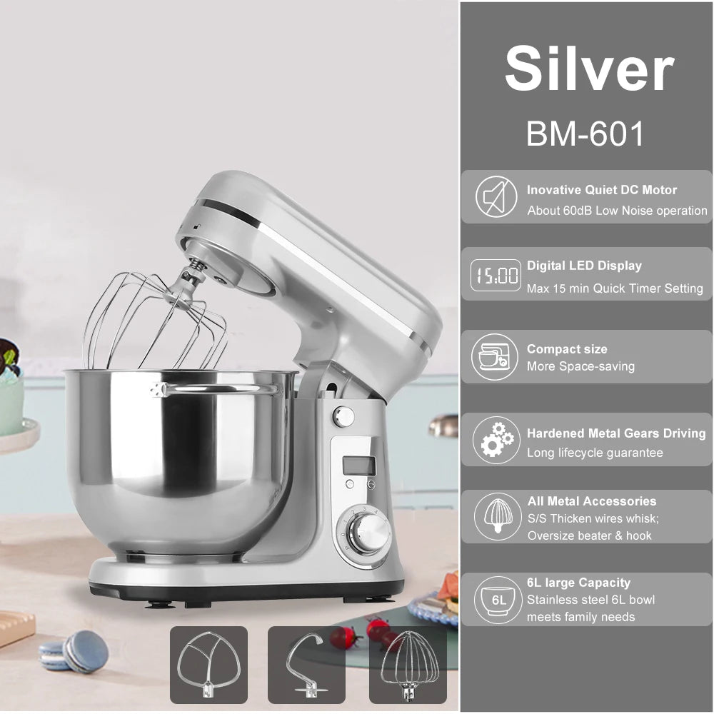 Food Stand Mixer, Blender, Quiet Motor, Cream Egg Whisk, Whip Dough Kneader, 6-Speed, 1200 W, 6 L, DC