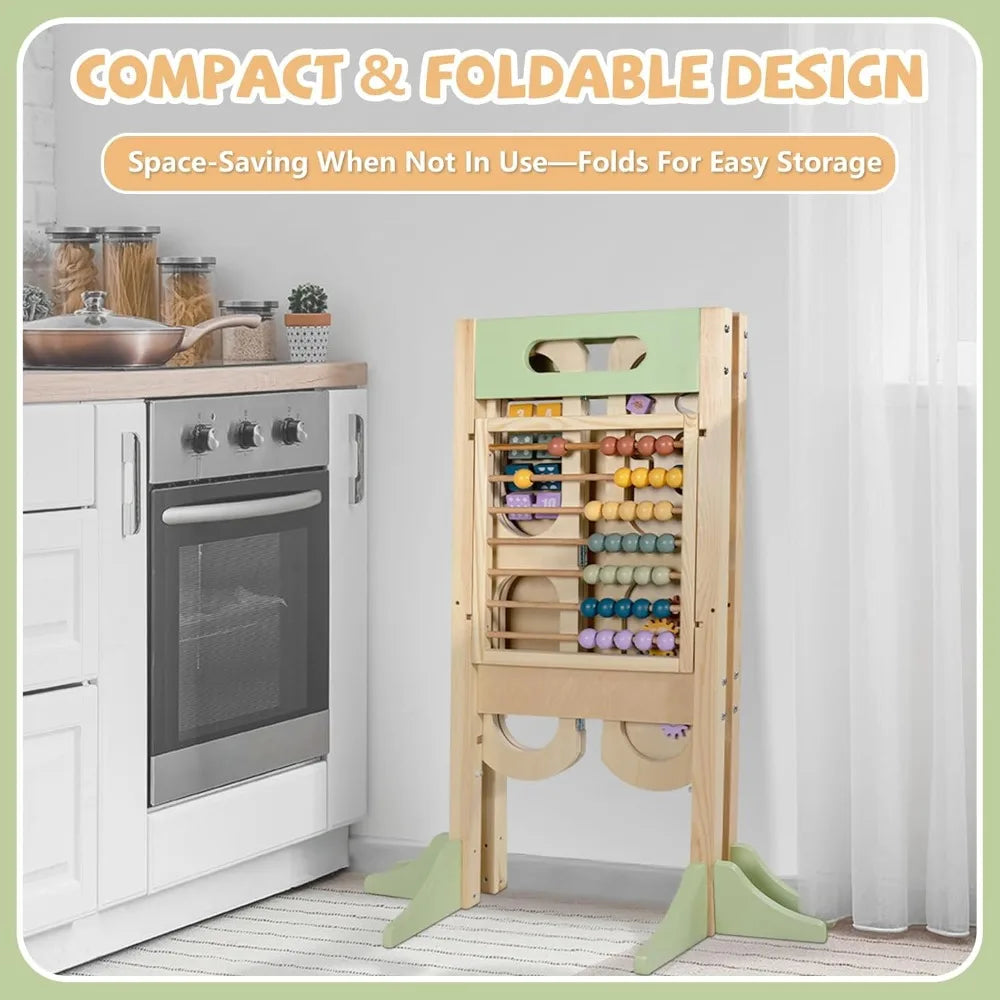 Foldable Toddler Tower with Adjustable Heights, Chalkboard & Learning Games - Safe Kitchen Step Stool for Kids