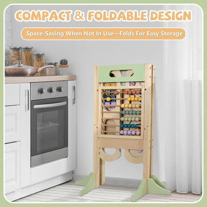 Foldable Toddler Tower with Adjustable Heights, Chalkboard & Learning Games - Safe Kitchen Step Stool for Kids