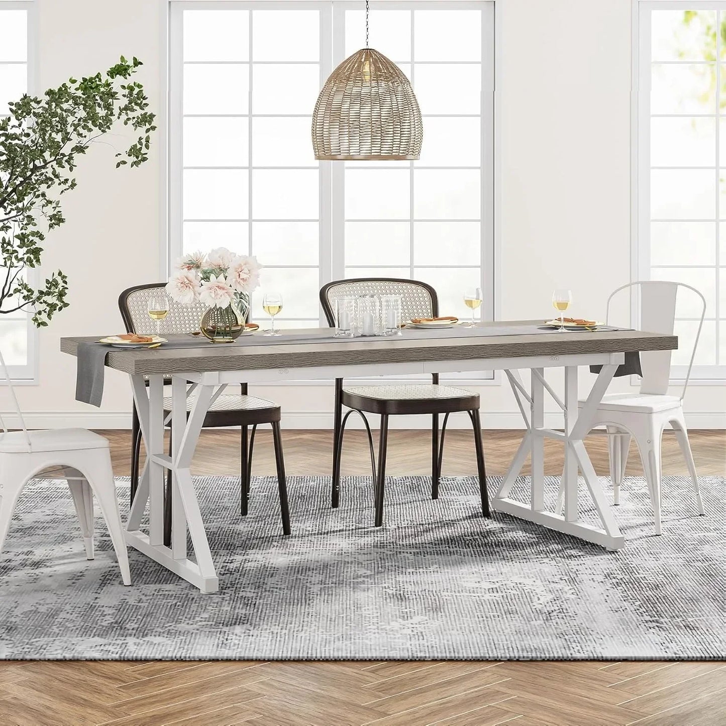 Farmhouse Dining Table for 6 People, 70.8-Inch Rectangular Wood Dining Table, Rustic Kitchen Table with Heavy Duty Metal Legs