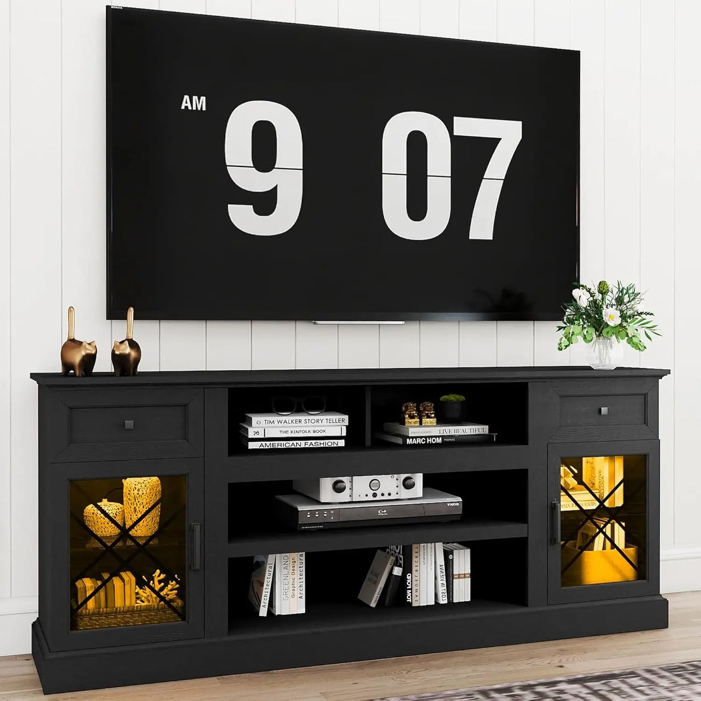 Farmhouse TV Stand Table for 75 80 inch TVs, Modern Entertainment Center with LED Lights and Glass Doors, Customized