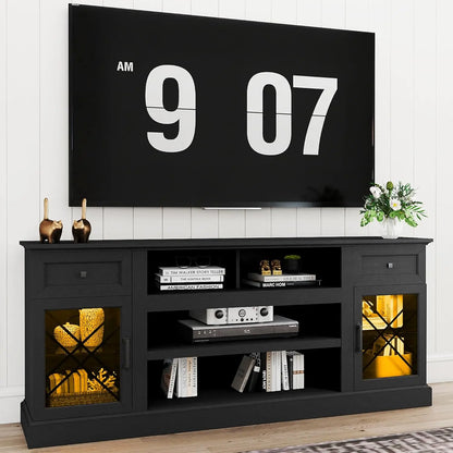 Farmhouse TV Stand Table for 75 80 inch TVs, Modern Entertainment Center with LED Lights and Glass Doors, Customized