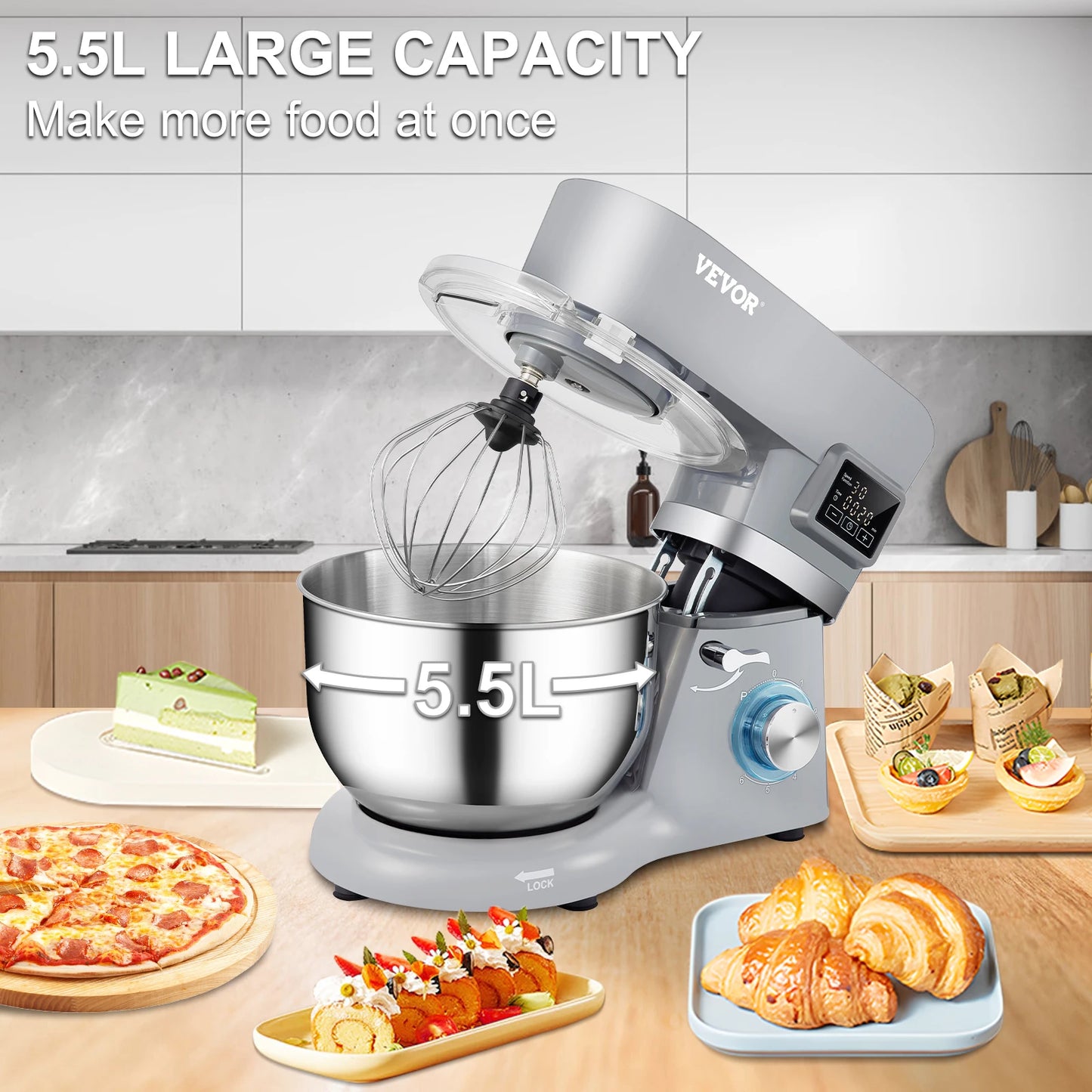 Stand Mixer Electric Dough Mixer with 6 Speeds LCD Screen Timing 5.8 Qt Stainless Steel Bowl Dough Hook Flat Beater