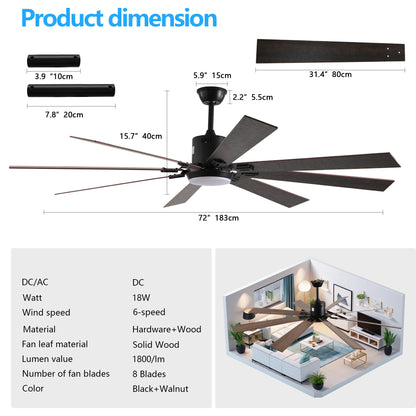Walnut LED Ceiling Fan Light with 8 Wooden Blades, Remote Control, Dimmable & Adjustable Color Temperature