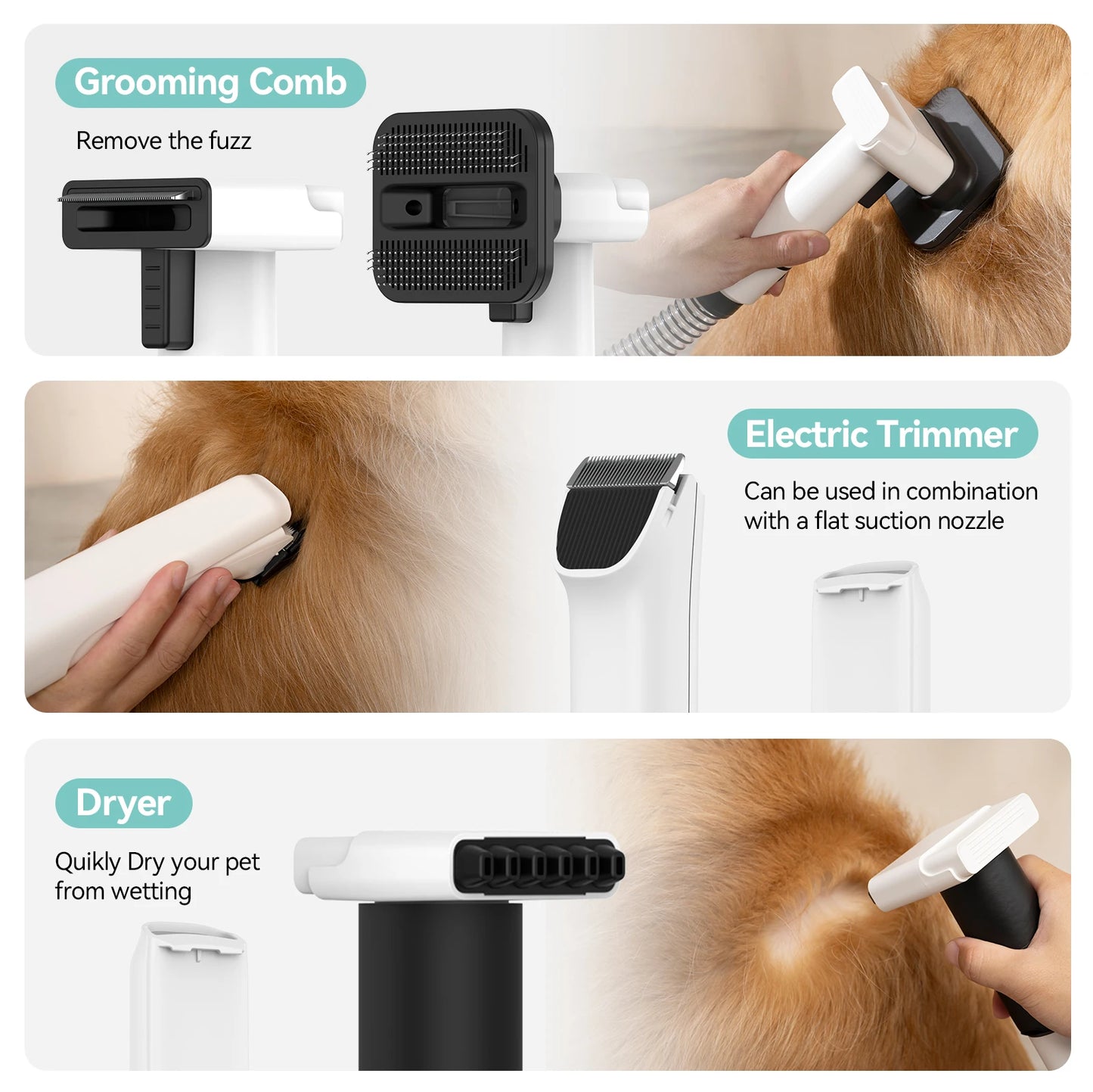 Vacuum Cleaner & Hair Dryer 15kpa, Pet Grooming Set Adjustable Speed and Temperature, 5 Proven Care Tools Dog Clipper