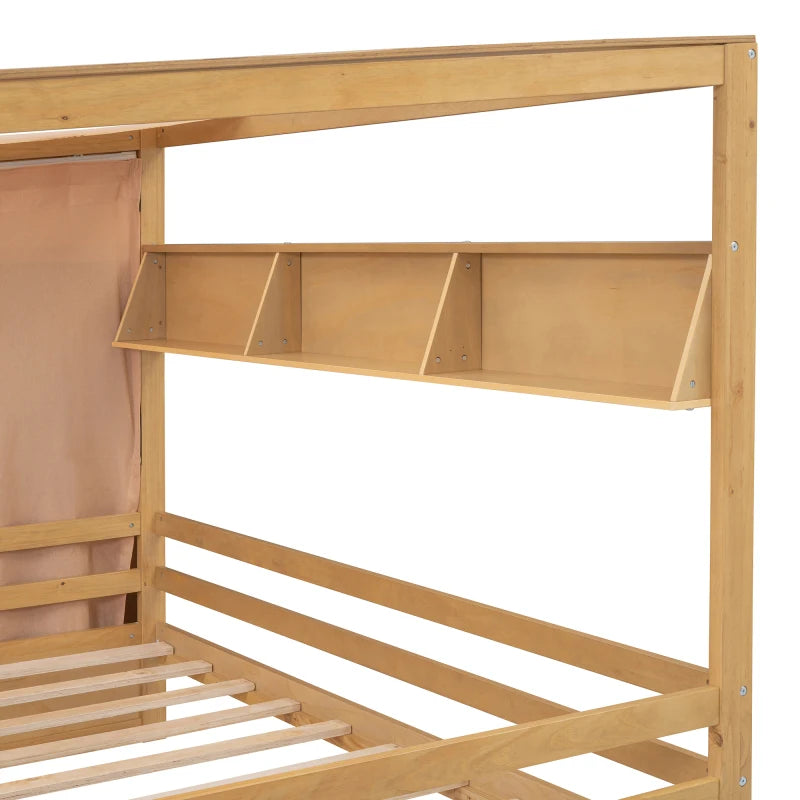 Full size House Bed with Two Drawers and Wardrobe,sturdy construction and Unique design,White/Gray /Natural.