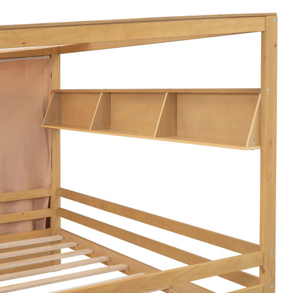 Full size House Bed with Two Drawers and Wardrobe,sturdy construction and Unique design,White/Gray /Natural.