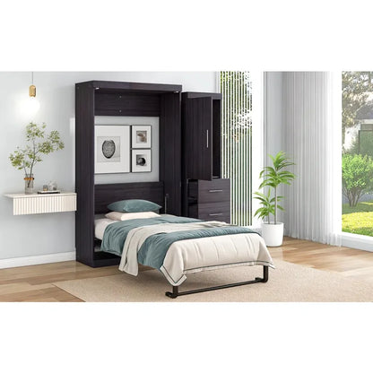 Twin Size Murphy Bed with Wardrobe and Drawers Storage Bed can be Folded into a Cabinet Gray