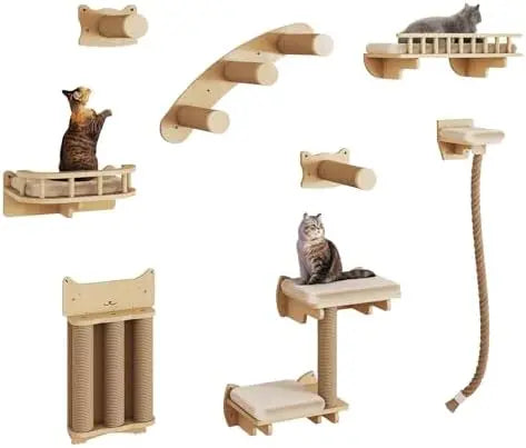 Cat ClimWall Set Made of Natural Wood, 8 Pcs Sturdy Furniture with Scratching Posts, Kitten Platform, 100CM Sisal Rope