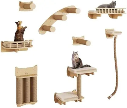 Cat ClimWall Set Made of Natural Wood, 8 Pcs Sturdy Furniture with Scratching Posts, Kitten Platform, 100CM Sisal Rope