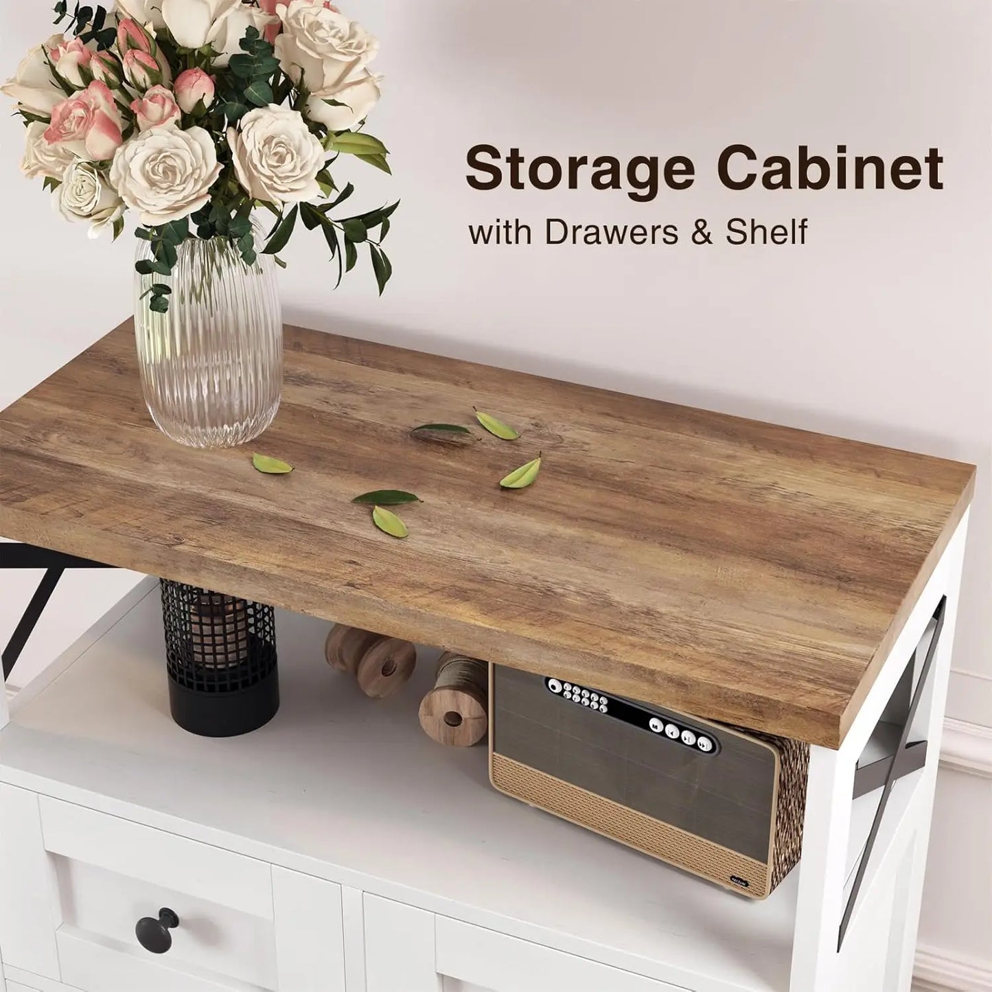 Set of 2 Storage Cabinet w Barn Door Drawer