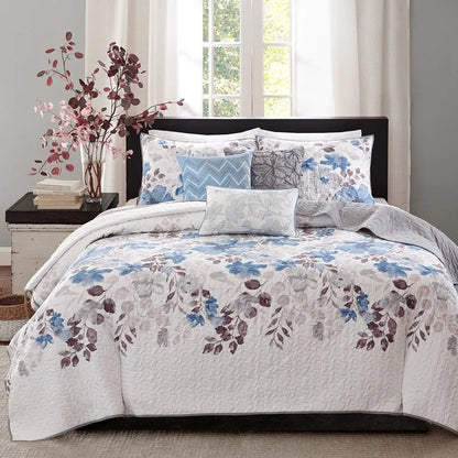 6 Piece Printed Quilt Set with Throw Pillows Blue Full Queen