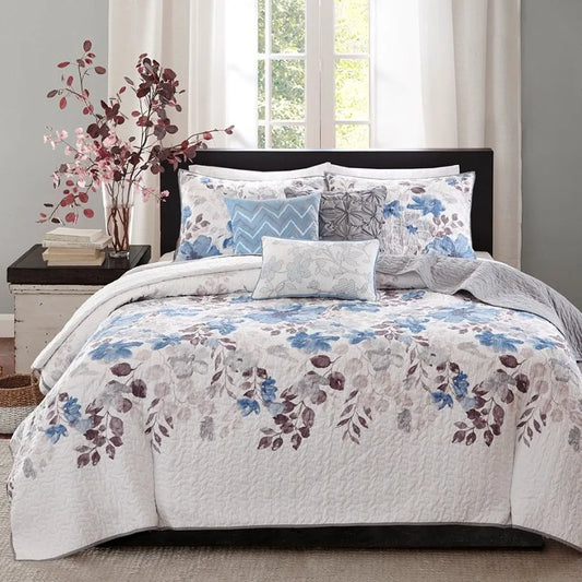 6 Piece Printed Quilt Set with Throw Pillows Blue Full Queen