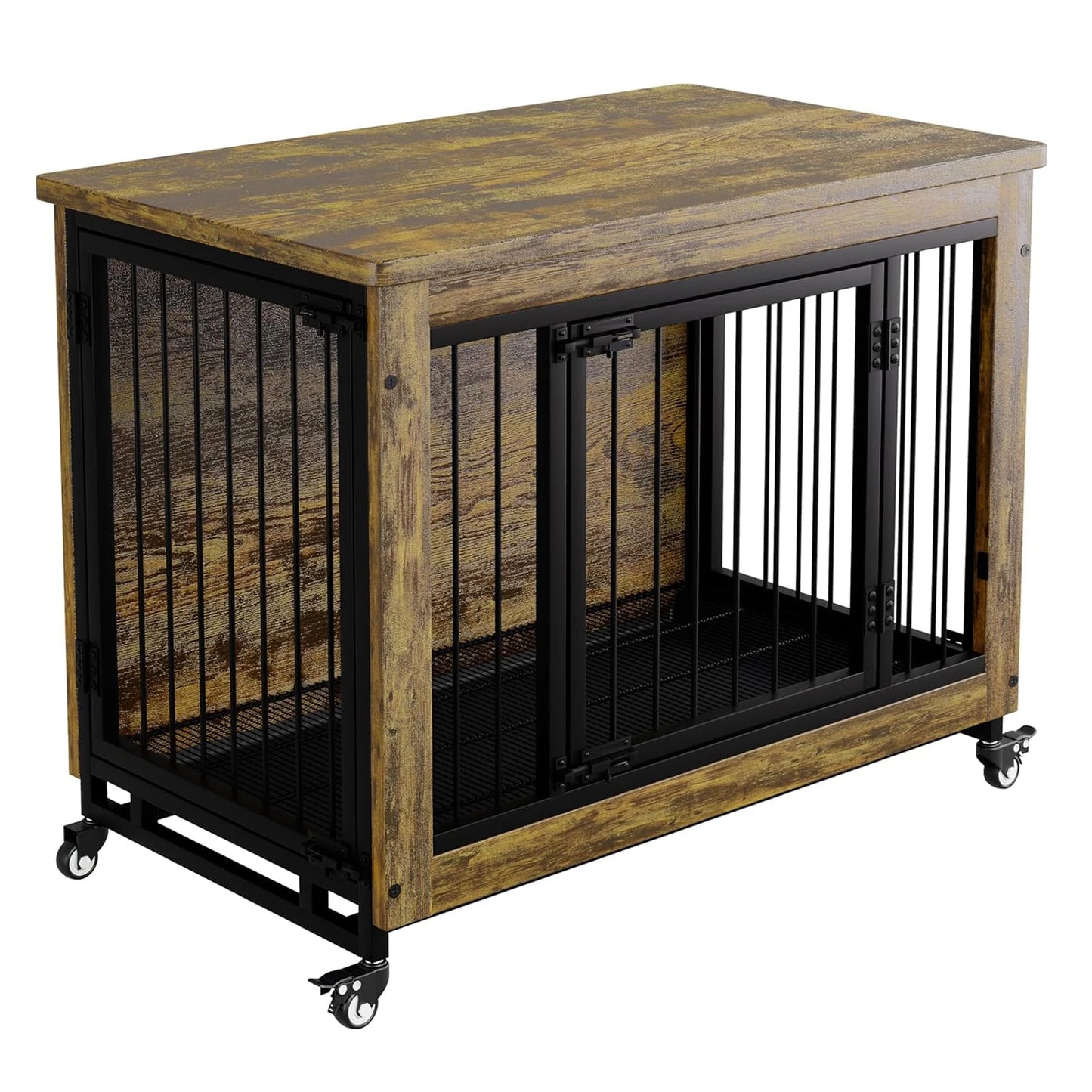 Wooden Dog Crate Furniture with 3 Doors & Wheels Heavy Duty Indoor Dog Kennel Side Table - Removable Tray, Pet House Cage Crate