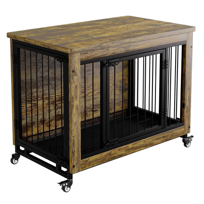 Wooden Dog Crate Furniture with 3 Doors & Wheels Heavy Duty Indoor Dog Kennel Side Table - Removable Tray, Pet House Cage Crate