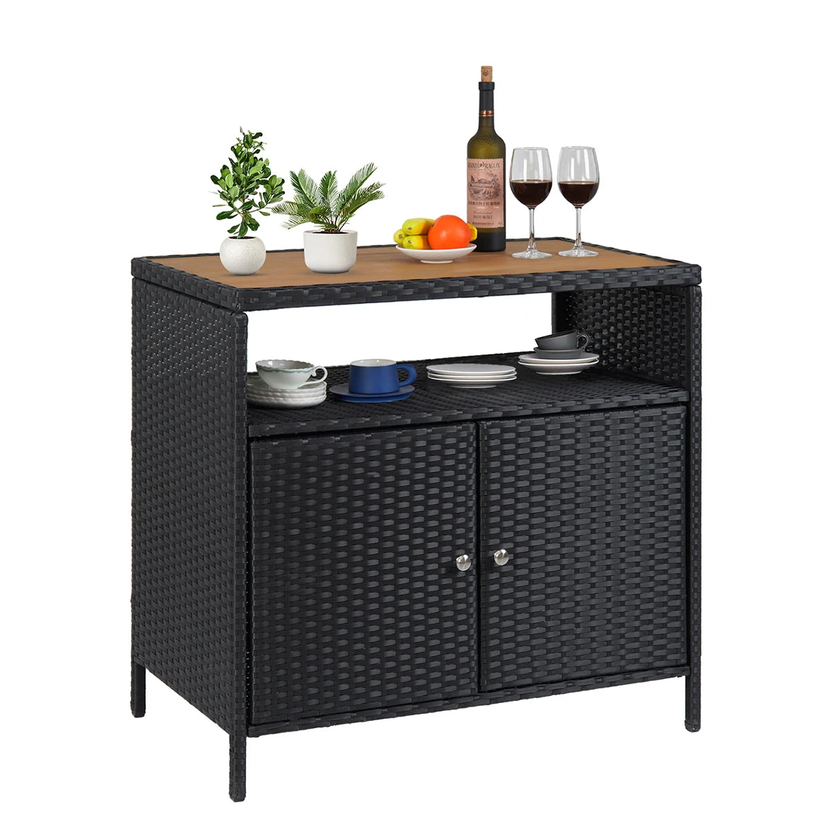 Weatherproof Outdoor Wicker Bar Table Storage Cabinet w/Double Doors & Shelves, Rattan Patio Buffet Console for Garden Poolside