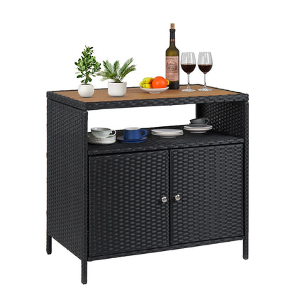 Weatherproof Outdoor Wicker Bar Table Storage Cabinet w/Double Doors & Shelves, Rattan Patio Buffet Console for Garden Poolside