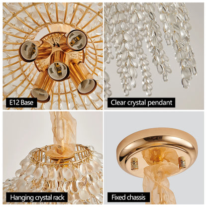 16 Inch 5 Light Gold Crystal Chandelier Elegant Waterfall Design with Gold Finish for Living Room Dining Room Bedroom