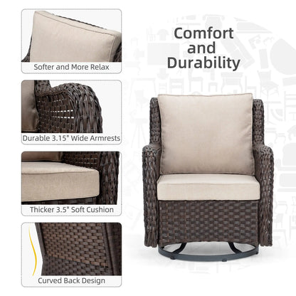 3-Piece Wicker Swivel Rocker Patio Set, 360° Swivel Rocking Chairs With Tempered Glass Side Table, Outdoor Bistro Furniture