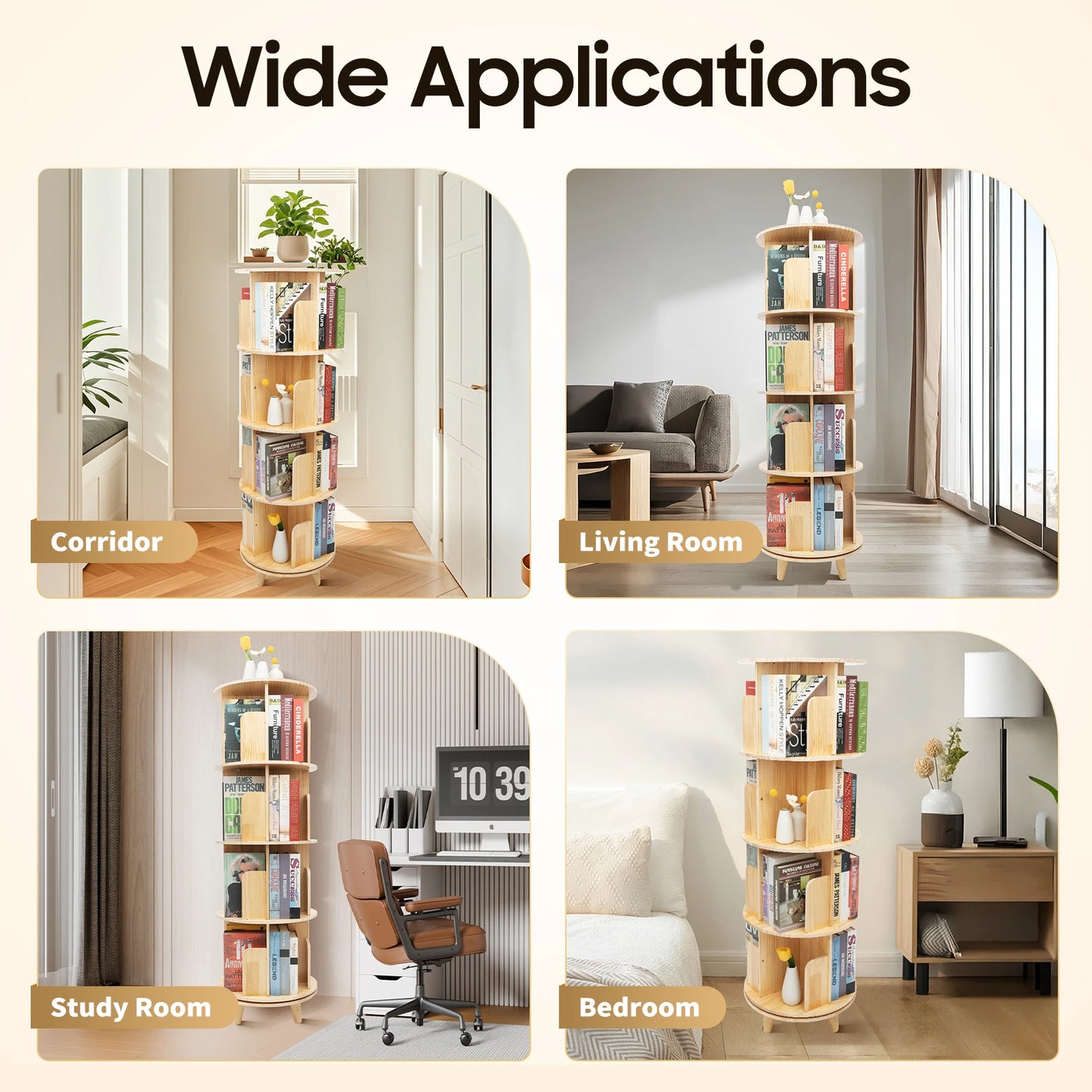 4 Tier Rotating Bookshelf with Legs,Floor Standing Stackable Wood Round Bookshelf 360 Display Book Shelf for Living Room Bedroom