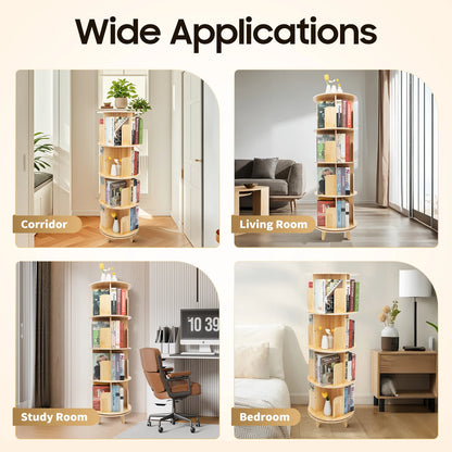 4 Tier Rotating Bookshelf with Legs,Floor Standing Stackable Wood Round Bookshelf 360 Display Book Shelf for Living Room Bedroom