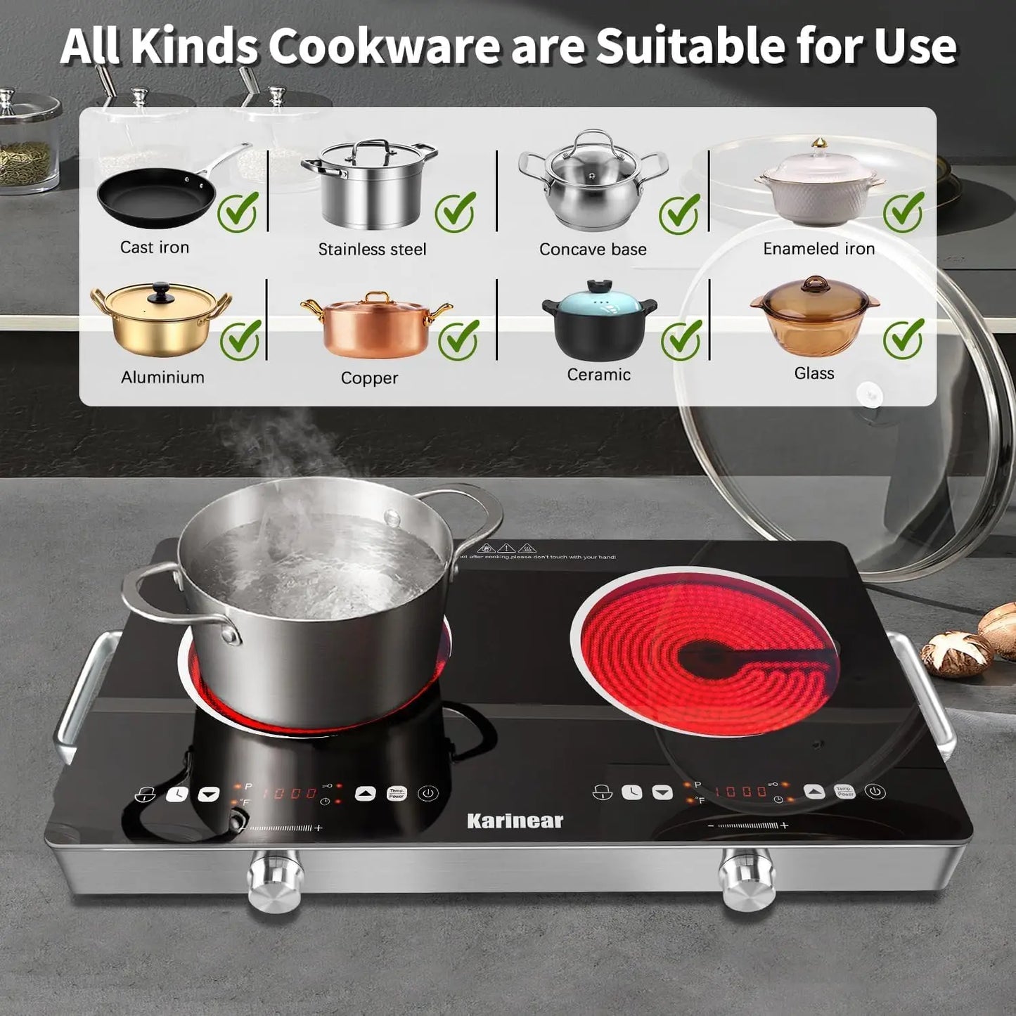 Ceramic Hob 2 Zones, 3200W Plug in Electric Hob with Safety Lock, Knobs Touch Control, 56cm Countertop Freestanding 240V