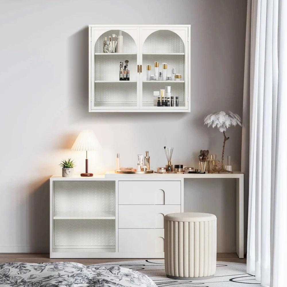 Glass Doors Modern Two-door Wall Cabinet with Featuring Three-tier Storage for Entryway Living Room Bathroom Dining Room
