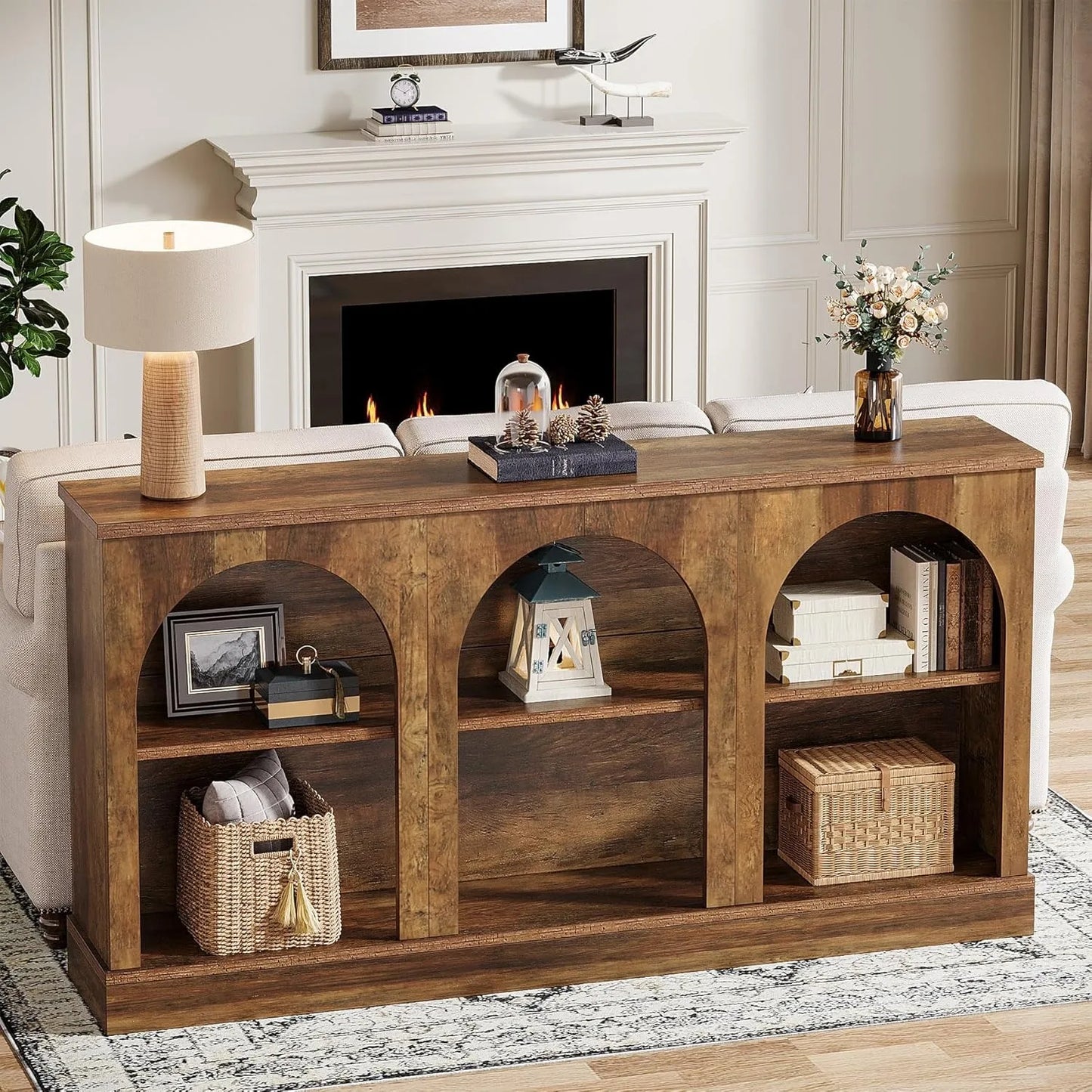 Farmhouse Console Table 63Inch, 3 Tier Storage Wooden Rectangular Sofa Table for Entryway Hallway Living Room Brown